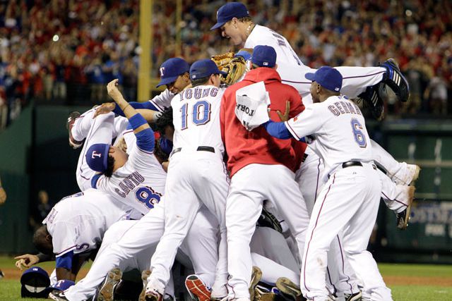 The Rangers celebrate winning the ALCS. They're heading to the World Series for the first time in franchise history.
